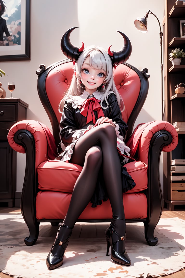 a cute vampire smiling sitting on an armchair, red horns, (Lolita pumps), 