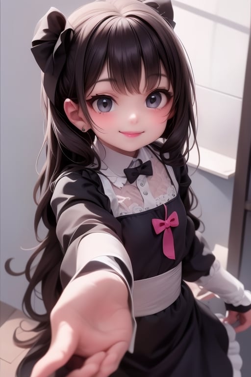 a cute loli goth girl smiling, hair accesories, choke, dynamic pose, photoshoot, looking at viewer,