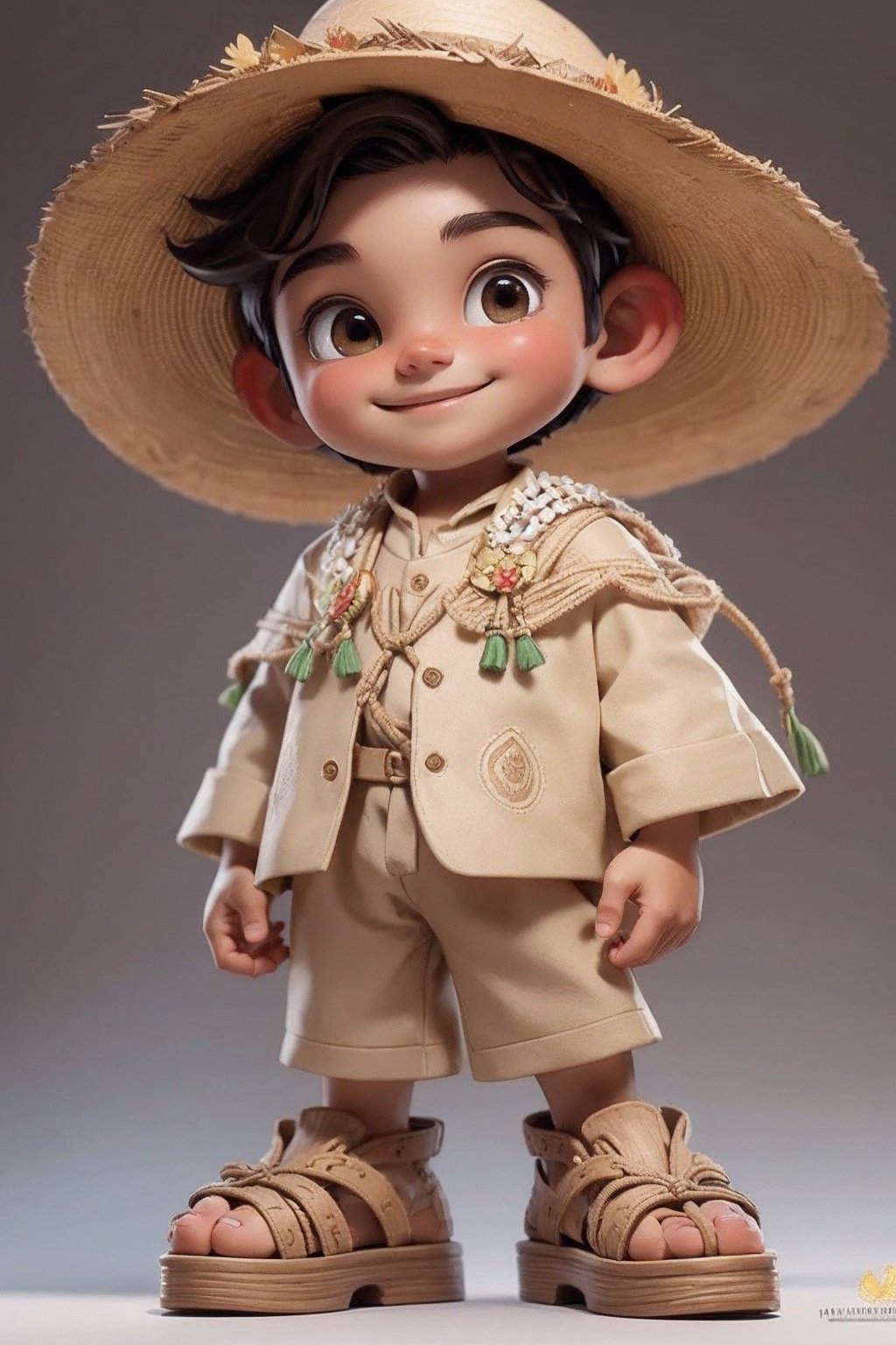 masterpiece, best quality, detailed face, detailed eyes, a boy smiling, Mexican indigenous suit, beige clothing,  sandals, ((full body)), 