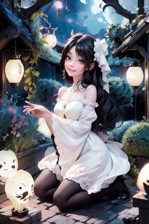 a demon_girl smiling, strapless white dress, color (pumps), (nylons), kneeling, light creatures floating as lanterns, victorian greenhouse at night, nighttime, night scenery, creepy ambient, gothic art style, lanterns, starryscene