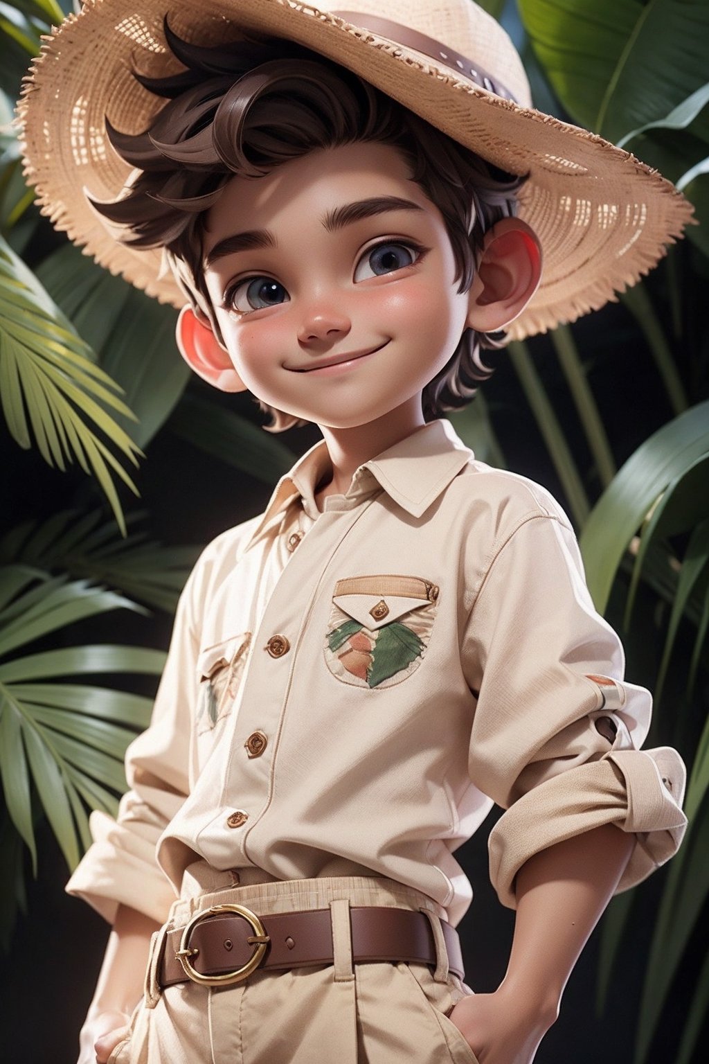 masterpiece, best quality, detailed face, detailed eyes, a boy smiling, beige pants, beige shirt, sarape, sandals, 