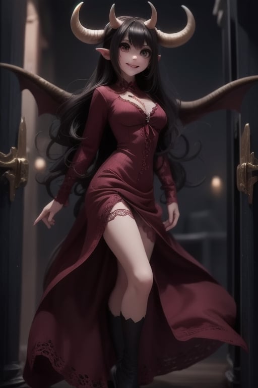 a (horned demon girl) smiling, wearing a lace cloth dress, black hair, red smokey eyes makeup, (hair bow), stockings, pumps, dramatic magic floating pose, (full body), sfw