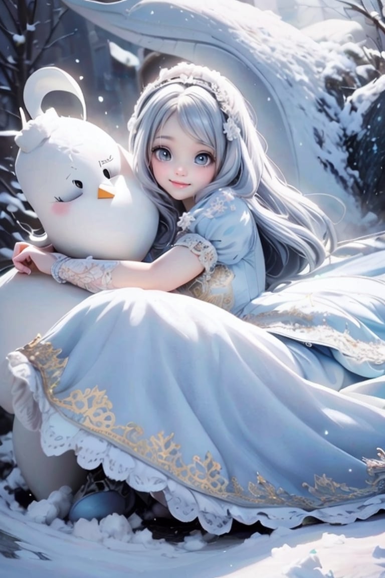 masterpiece, best quality, a girl smiling wearing a fantasy dress  hugging a giant snow man, white hair, magical dress, cute dress, loli in dress, lovely and cute, style of magical girl, white and pale blue toned, pale blue, soft cute colors, rococo dress, icey blue dress, pastel blue, romantic dress, dreamy style, rococo ruffles dress,  pumps, frozen garden, (falling_snow)