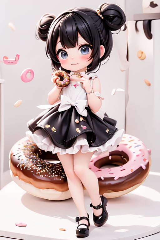 a delicate chibi girl biting a giant donut, black hair, hair accesories donuts, donuts theme dress, pumps, kawaii style, donuts land at background