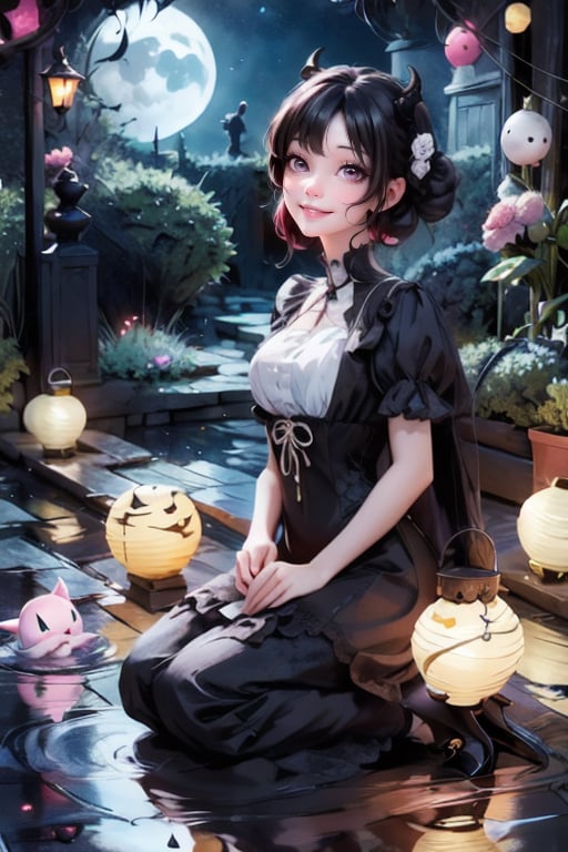 a demon_girl smiling, sexy dress, color (pumps), (nylons), kneeling, light creatures floating as lanterns, victorian greenhouse at night, nighttime, night scenery, creepy ambient, gothic art style, lanterns, starryscene