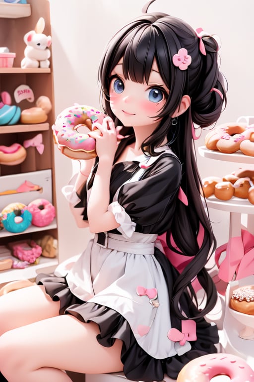 a delicate girl eating a giant donut, black hair, donuts hair accesories, donuts theme dress, pumps, kawaii style, candy_land at background