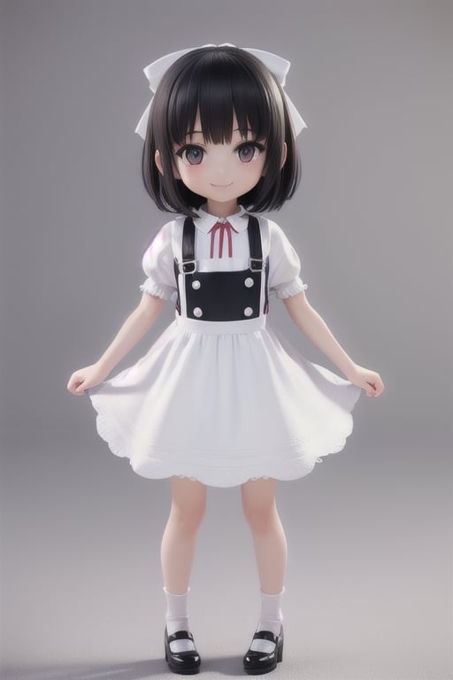 masterpiece, best quality, a cute chibi girl smiling, ((black)) hair, (((white pinafore dress))), (((short puffy sleeves shirt))), white hairbow, white socks, (((black))) mary jane pumps, school backpack, (((full body))),3D MODEL,3D