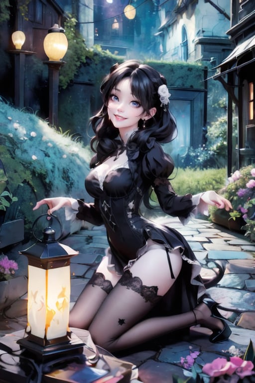 a demon_girl smiling, sexy dress, color (pumps), (nylons), kneeling, light creatures floating as lanterns, victorian greenhouse at night, nighttime, night scenery, creepy ambient, gothic art style, lanterns, starryscene