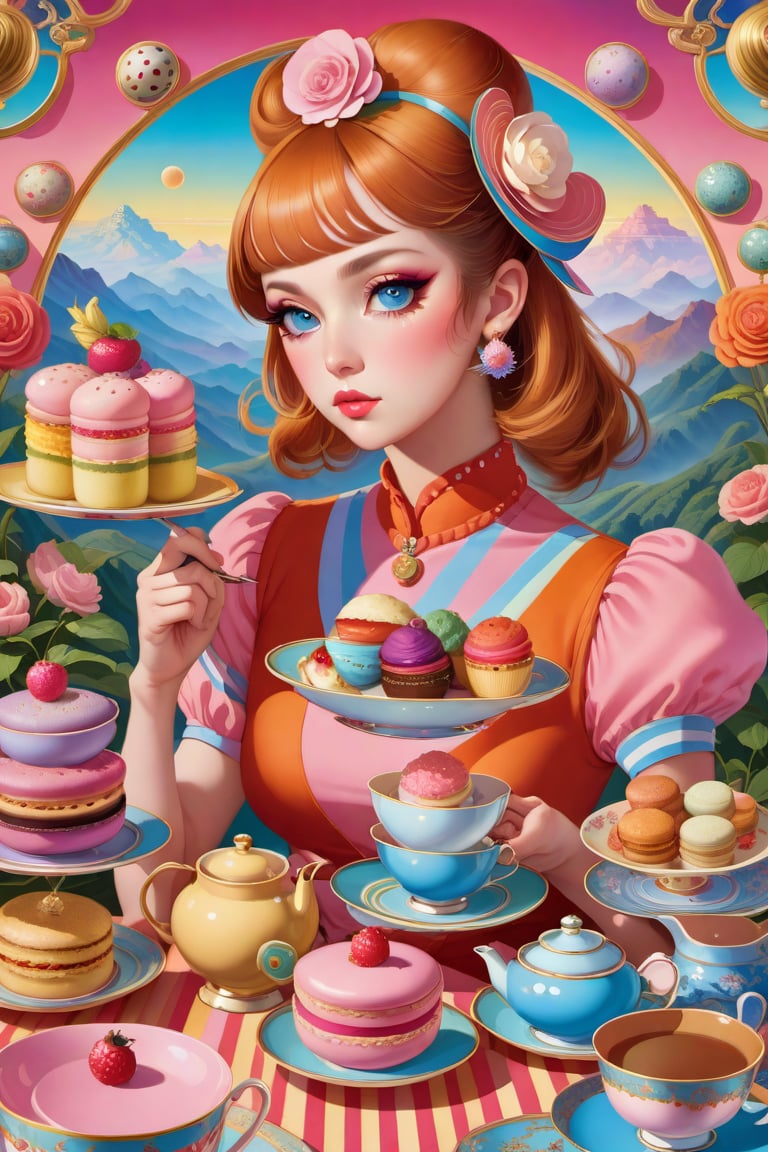 Imagine a painting of several women in an afternoon tea, infused with the pop surrealism of Alex Gross. The scene is imbued with a sense of vintage joy, set against a backdrop of a detailed and colorful sky. Stripes of different colors add a dynamic element to the composition, while the intricate illustrations echo the style of Jim Burns. The whimsical and fantastical elements of Yosuke Ueno's work are also present, adding a layer of intrigue and wonder. The composition should be a full shot, taken with a high-resolution 16k camera, using a 50mm lens to bring intricate details into sharp focus.