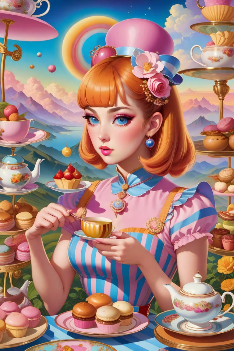 Imagine a painting of several women in an afternoon tea, infused with the pop surrealism of Alex Gross. The scene is imbued with a sense of vintage joy, set against a backdrop of a detailed and colorful sky. Stripes of different colors add a dynamic element to the composition, while the intricate illustrations echo the style of Jim Burns. The whimsical and fantastical elements of Yosuke Ueno's work are also present, adding a layer of intrigue and wonder. The composition should be a full shot, taken with a high-resolution 16k camera, using a 50mm lens to bring intricate details into sharp focus.