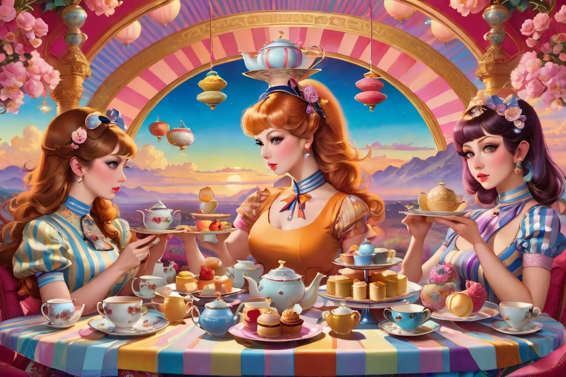 Imagine a Marie Delphi painting of several women in an afternoon tea, infused with the pop surrealism of Alex Gross. The scene is imbued with a sense of vintage joy, set against a backdrop of a detailed and colorful sky. Stripes of different colors add a dynamic element to the composition, while the intricate illustrations echo the style of Jim Burns. The whimsical and fantastical elements of Yosuke Ueno's work are also present, adding a layer of intrigue and wonder. The composition should be a full shot, taken with a high-resolution 16k camera, using a 50mm lens to bring intricate details into sharp focus.