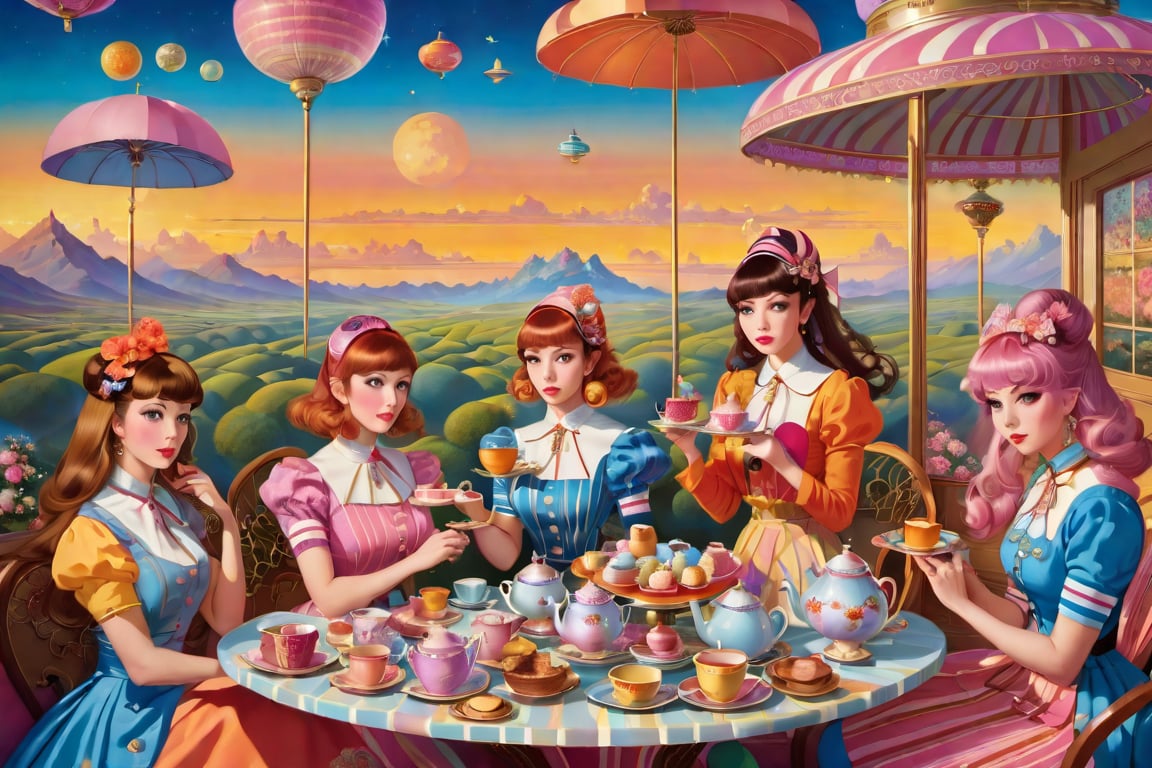 Imagine a Marie Delphi painting of several women in an afternoon tea, infused with the pop surrealism of Alex Gross. The scene is imbued with a sense of vintage joy, set against a backdrop of a detailed and colorful sky. Stripes of different colors add a dynamic element to the composition, while the intricate illustrations echo the style of Jim Burns. The whimsical and fantastical elements of Yosuke Ueno's work are also present, adding a layer of intrigue and wonder. The composition should be a full shot, taken with a high-resolution 16k camera, using a 50mm lens to bring intricate details into sharp focus.