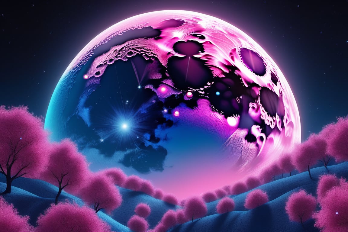 ull pink moon, deep blue sky full of stars, ultra hd, realistic, vivid colors, highly detailed, UHD drawing, pen and ink, perfect composition, beautiful detailed intricate insanely detailed octane render trending on artstation, 8k artistic photography, photorealistic concept art, soft natural volumetric cinematic perfect light