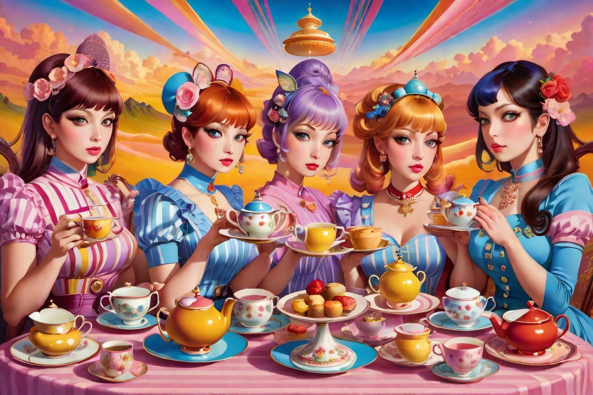 Imagine a Marie Delphi painting of several women in an afternoon tea, infused with the pop surrealism of Alex Gross. The scene is imbued with a sense of vintage joy, set against a backdrop of a detailed and colorful sky. Stripes of different colors add a dynamic element to the composition, while the intricate illustrations echo the style of Jim Burns. The whimsical and fantastical elements of Yosuke Ueno's work are also present, adding a layer of intrigue and wonder. The composition should be a full shot, taken with a high-resolution 16k camera, using a 50mm lens to bring intricate details into sharp focus.