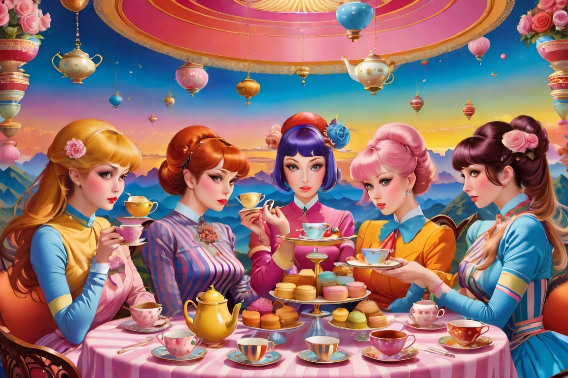 Imagine a Marie Delphi painting of several women in an afternoon tea, infused with the pop surrealism of Alex Gross. The scene is imbued with a sense of vintage joy, set against a backdrop of a detailed and colorful sky. Stripes of different colors add a dynamic element to the composition, while the intricate illustrations echo the style of Jim Burns. The whimsical and fantastical elements of Yosuke Ueno's work are also present, adding a layer of intrigue and wonder. The composition should be a full shot, taken with a high-resolution 16k camera, using a 50mm lens to bring intricate details into sharp focus.