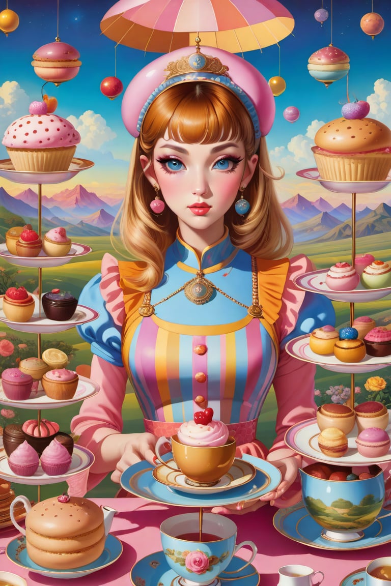 Imagine a painting of several women in an afternoon tea, infused with the pop surrealism of Alex Gross. The scene is imbued with a sense of vintage joy, set against a backdrop of a detailed and colorful sky. Stripes of different colors add a dynamic element to the composition, while the intricate illustrations echo the style of Jim Burns. The whimsical and fantastical elements of Yosuke Ueno's work are also present, adding a layer of intrigue and wonder. The composition should be a full shot, taken with a high-resolution 16k camera, using a 50mm lens to bring intricate details into sharp focus.