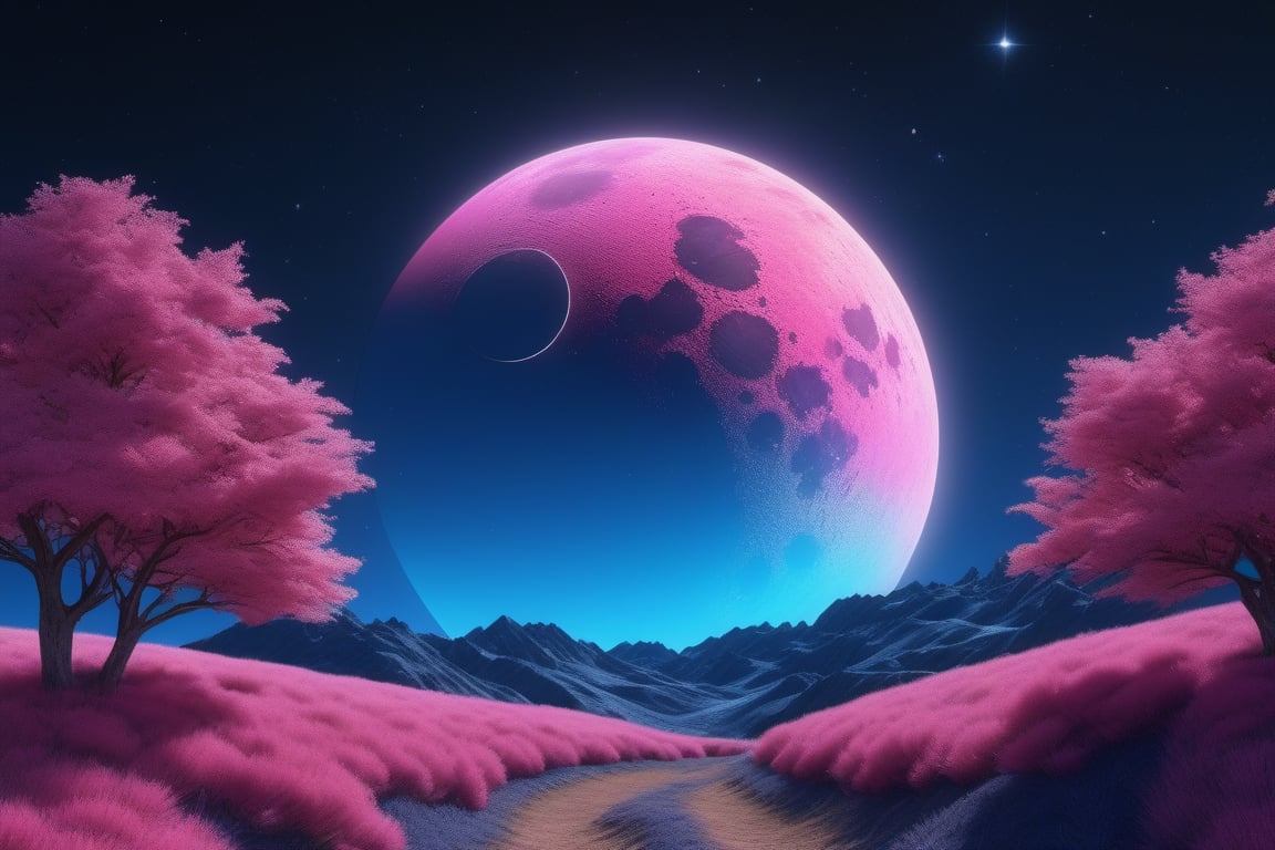 ull pink moon, deep blue sky full of stars, ultra hd, realistic, vivid colors, highly detailed, UHD drawing, pen and ink, perfect composition, beautiful detailed intricate insanely detailed octane render trending on artstation, 8k artistic photography, photorealistic concept art, soft natural volumetric cinematic perfect light