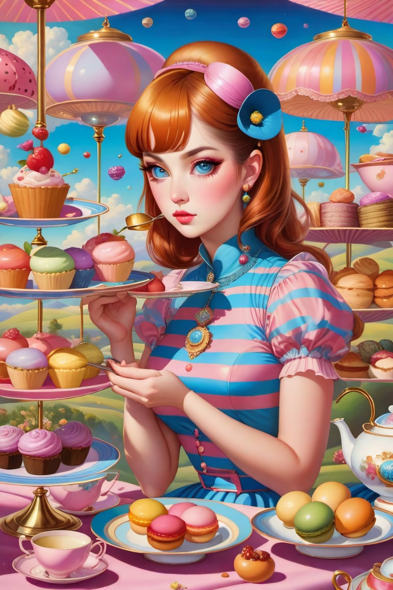 Imagine a painting of several women in an afternoon tea, infused with the pop surrealism of Alex Gross. The scene is imbued with a sense of vintage joy, set against a backdrop of a detailed and colorful sky. Stripes of different colors add a dynamic element to the composition, while the intricate illustrations echo the style of Jim Burns. The whimsical and fantastical elements of Yosuke Ueno's work are also present, adding a layer of intrigue and wonder. The composition should be a full shot, taken with a high-resolution 16k camera, using a 50mm lens to bring intricate details into sharp focus.