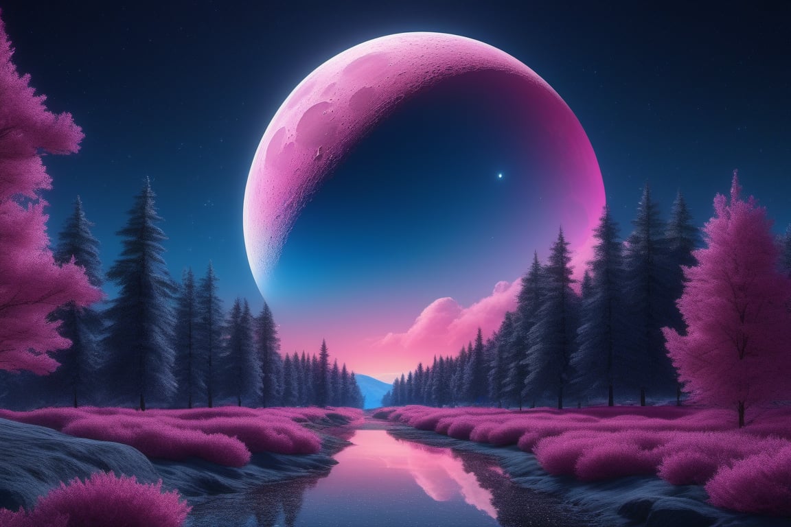 ull pink moon, deep blue sky full of stars, ultra hd, realistic, vivid colors, highly detailed, UHD drawing, pen and ink, perfect composition, beautiful detailed intricate insanely detailed octane render trending on artstation, 8k artistic photography, photorealistic concept art, soft natural volumetric cinematic perfect light