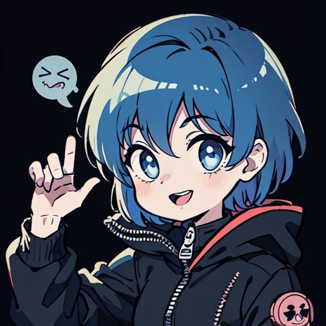 Chibi style, 1boy, man, 90's anime protagonist, goth, gothic, ((black hoodie jacket with zipper)) cyberpunk, ((investigator)), detective, dark blue hair, big eyes, anime, 90s anime, laughing, retroartstyle, simple background,retro style,twitch emoji, emote, emoji, high detail, professional image