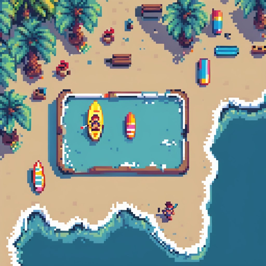 Top down, Overhead view, startropics, Chrono trigger, beach, paddle board, surf, surfer, video game design,pixel art, flat colors, limited_palette, cute,pixel style