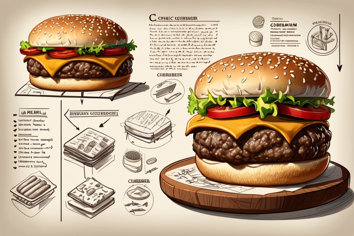 Concept art, board with a detailed assembly instruction of a cheeseburger, written descriptions, arrows and sketches, full rotation 