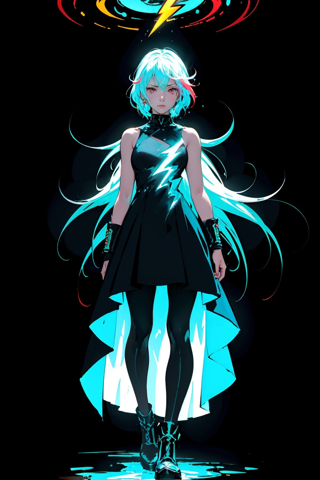 (flat color:1.3),(colorful:1.3),(masterpiece:1.2), best quality, original, extremely detailed wallpaper, looking at viewer, fullbody shot of a girl infused with lightning, fully clothed with blue badass dress, highly detailed, extremely detailed, red eyes, Rays of Shimmering Light, Cinematic Lighting, Matte, Stone, Milky Quartz, Opalite, Jewelry, Silk, Water splash,lensflare, rim lighting, backlighting,  Chromatic Aberration, RTX, Post Processing