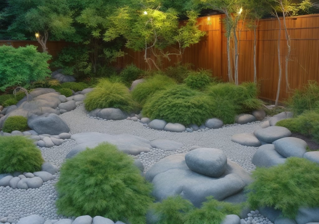 Create an image of a serene and tranquil Zen garden with carefully raked gravel, minimalist rock formations, and lush greenery.