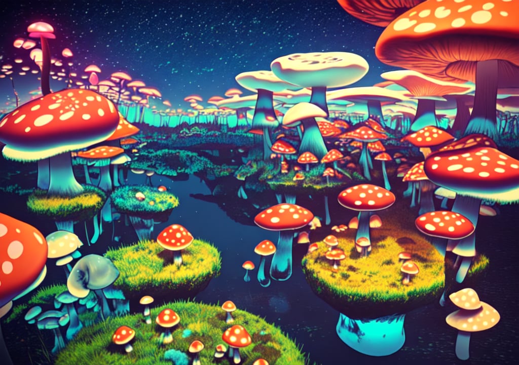 Generate a surreal and dreamlike landscape with floating islands, glowing mushrooms, and a mesmerizing night sky.