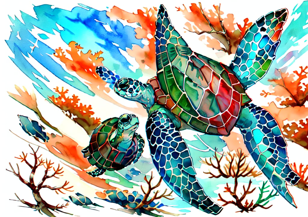 Create an image of a breathtaking underwater scene with colorful coral reefs, tropical fish, and a majestic sea turtle.