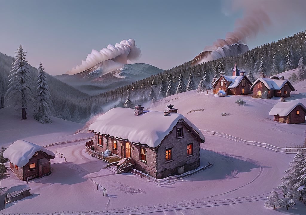 Generate an image of a cozy cottage nestled in a snowy mountain landscape with smoke gently rising from the chimney.