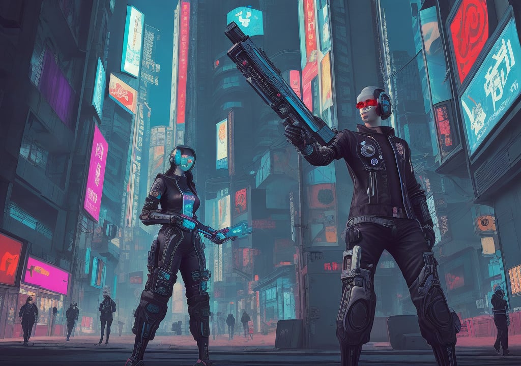 Generate an image of a retro-inspired cyberpunk character wearing futuristic clothing and wielding advanced technology.