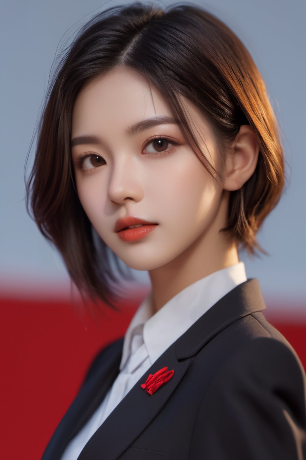 Best quality, high details, high resolution, HD, 16k,Close-up photo of shoulder-length short black hair girl in suit uniform, ultraclear, Flawless and delicate face, True delicate skin, big breasts beautiful, Delicate and clear eyes, Look at the screen, Simple, (simple Red background),xxmix_girl