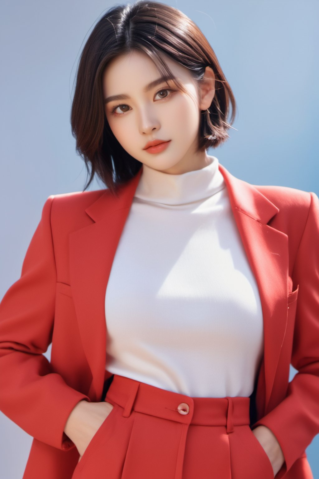 Best quality, high details, high resolution, HD, 16k,Close-up photo of shoulder-length short black hair girl in suit uniform, ultraclear, Flawless and delicate face, True delicate skin, big breasts beautiful, Delicate and clear eyes, Look at the screen, Simple, (simple Red background),xxmix_girl