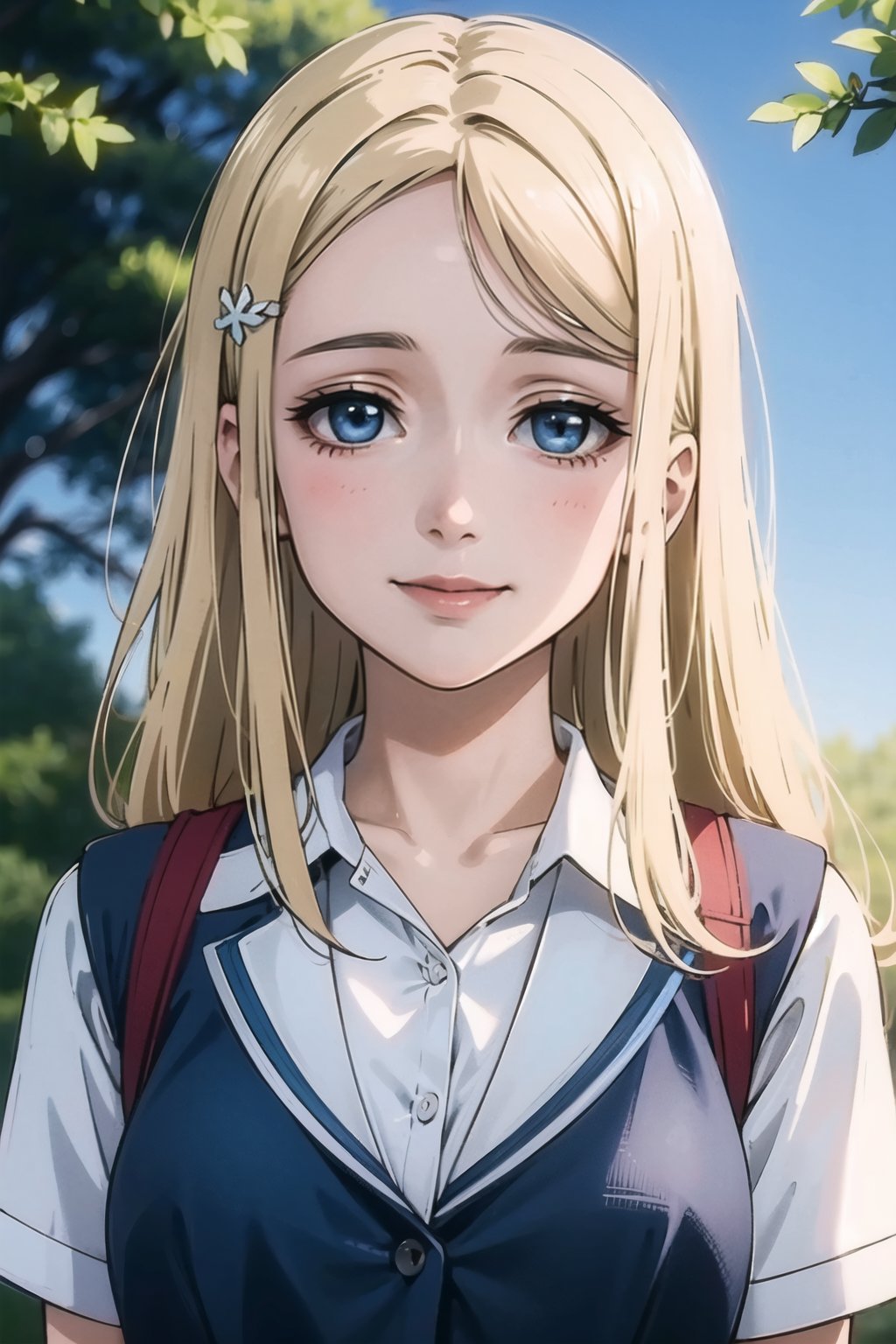 best quality,masterpiece,extremely detailed CG unity 8k wallpaper,official art, (Realistic:1.2),1girl,solo,blue eyes, hair ornament, blonde hair, long hair, small breasts,School uniforms,outdoors,smile,looking at the viewer, ayase arisa