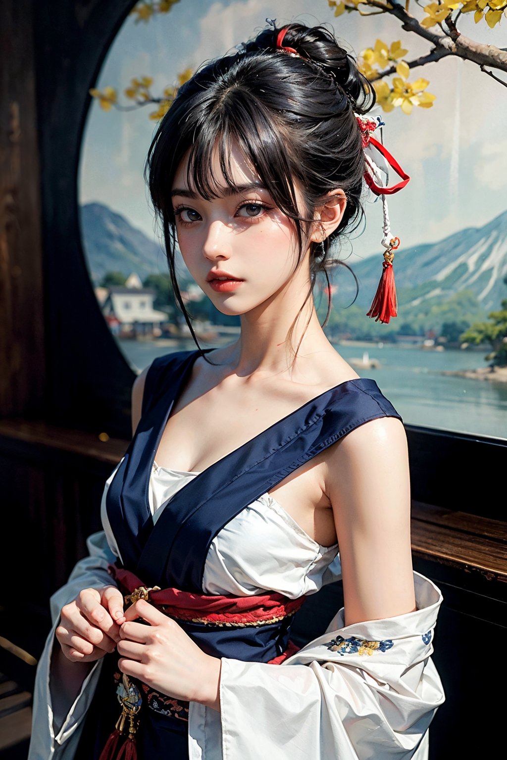 (watercolor_medium), ((ukiyoe style)), ((((masterpiece)))), (((best quality))), (illustration),(1girl:1.5),(solo:1.5), ((an extremely delicate and beautiful)), ((little girl)) , cute, ((hime_cut)), side blunt bangs,(ultramarine hair:1.2), hairs between eyes, ribbons, Bracelet , bare shoulders,((japanese_clothes)), sakura, ((slit pupils)), ((miko)), (off_shoulder), ace, (Kagura Suzu),sword