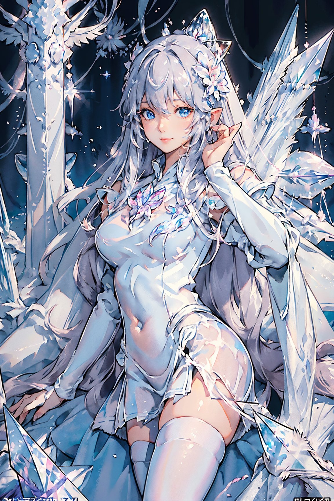 masterpiece,{{{best quality}}},(illustration)),{{{extremely detailed CG unity 8k wallpaper}}},game_cg,(({{1girl}})),{solo}, (beautiful detailed eyes),((shine eyes)),goddess,fluffy hair,messy_hair,ribbons,hair_bow,{flowing hair}, (glossy hair), (Silky hair),((white stockings)),(((gorgeous crystal armor))),cold smile,stare,cape,(((crystal wings))),((grand feathers)),((altocumulus)),(clear_sky),(snow mountain),((flowery flowers)),{(flowery bubbles)},{{cloud map plane}},({(crystal)}),crystal poppies,({lacy}) ({{misty}}),(posing sketch),(Brilliant light),cinematic lighting,((thick_coating)),(glass tint),(watercolor),(Ambient light),long_focus,(Colorful blisters),ukiyoe style,