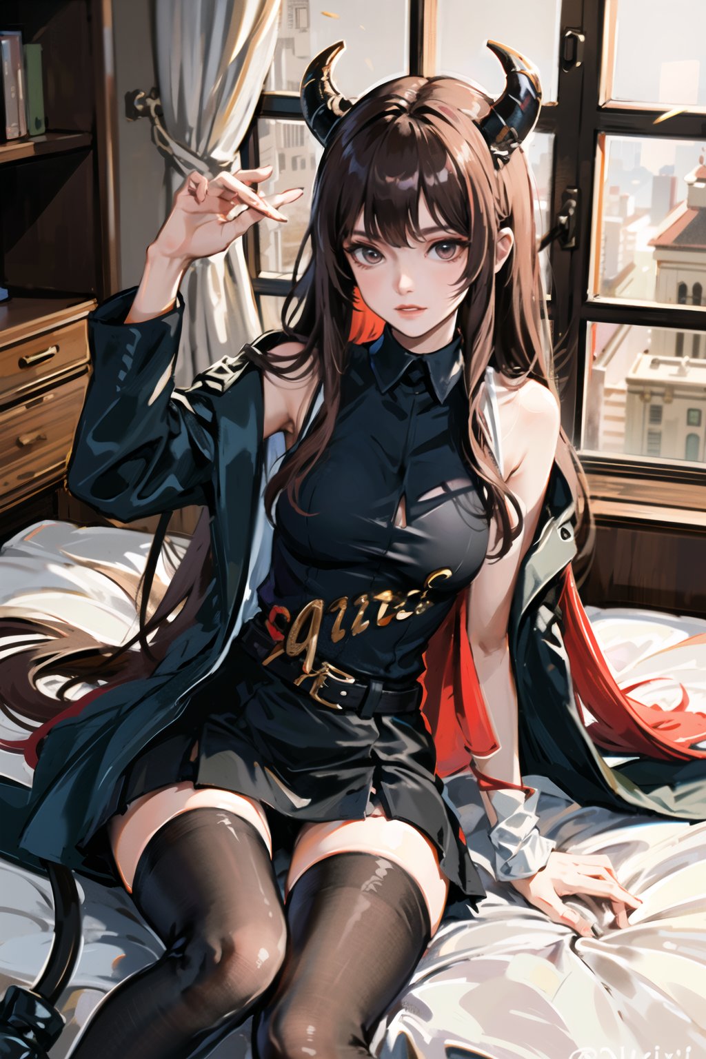 masterpiece,best quality,
tutugp
1girl, long hair, solo, lying,on bed, thighhighs, skirt, looking at viewer,  sleeveless, black skirt, window,  shirt, coat, zettai ryouiki, very long hair, black thighhighs, bangs, parted bangs, pencil skirt, demon horns, knee up, sleeveless shirt, white shirt, indoors, night, forehead, hair spread out, belt, miniskirt, 