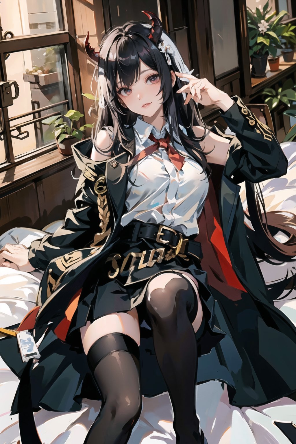 masterpiece,best quality,
tutugp
1girl, long hair, solo, lying,on bed, thighhighs, skirt, looking at viewer,  sleeveless, black skirt, window,  shirt, coat, zettai ryouiki, very long hair, black thighhighs, bangs, parted bangs, pencil skirt, demon horns, knee up, sleeveless shirt, white shirt, indoors, night, forehead, hair spread out, belt, miniskirt, 