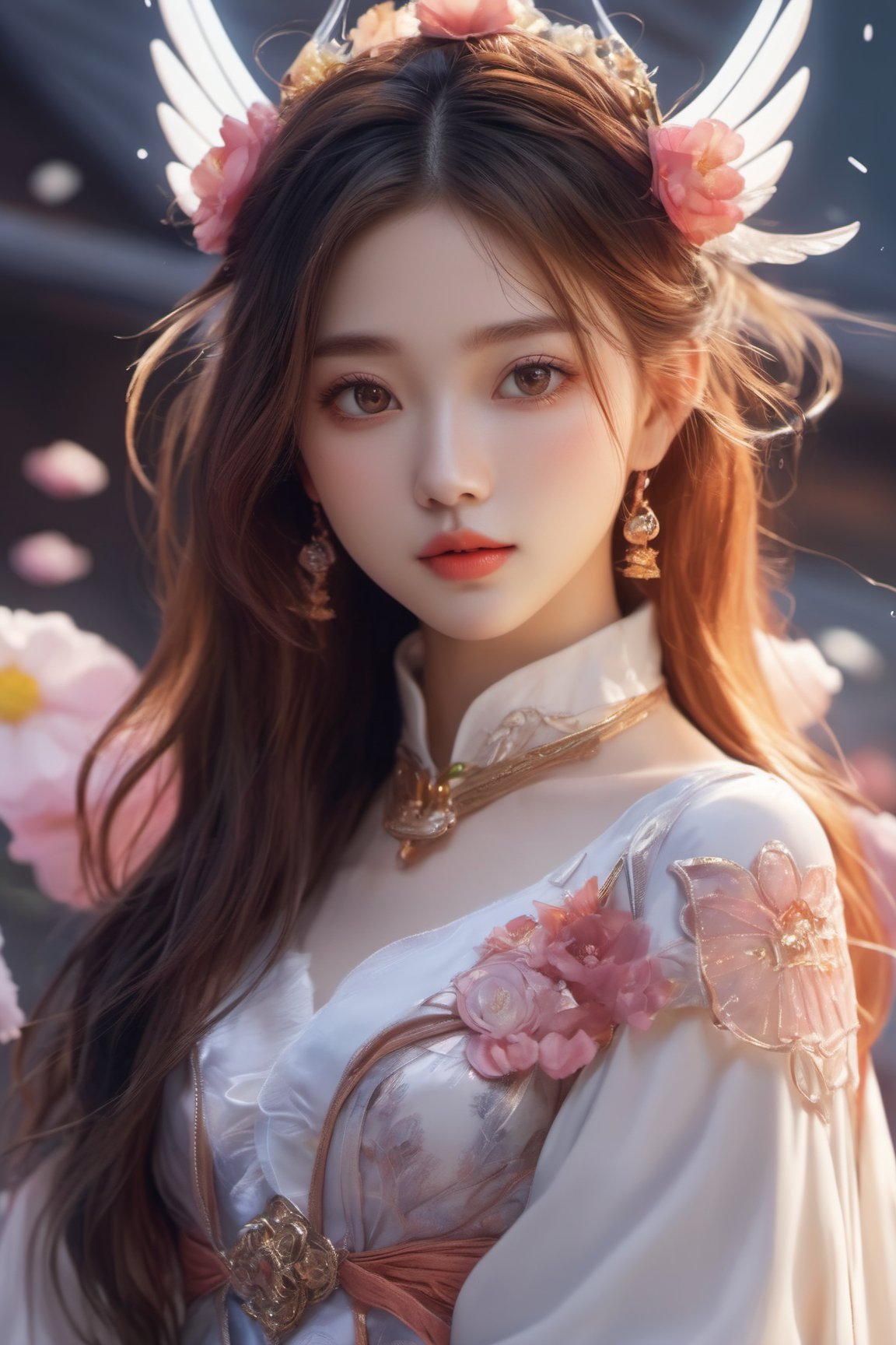 masterpiece,{{{best quality}}},(illustration)),{{{extremely detailed CG unity 8k wallpaper}}},game_cg,(({{1girl}})),{solo}, (beautiful detailed eyes),((shine eyes)),goddess,fluffy hair,messy_hair,ribbons,hair_bow,{flowing hair}, (glossy hair), (Silky hair),((white stockings)),(((gorgeous crystal armor))),cold smile,stare,cape,(((crystal wings))),((grand feathers)),((altocumulus)),(clear_sky),(snow mountain),((flowery flowers)),{(flowery bubbles)},{{cloud map plane}},({(crystal)}),crystal poppies,({lacy}) ({{misty}}),(posing sketch),(Brilliant light),cinematic lighting,((thick_coating)),(glass tint),(watercolor),(Ambient light),long_focus,(Colorful blisters),ukiyoe style,3DMM