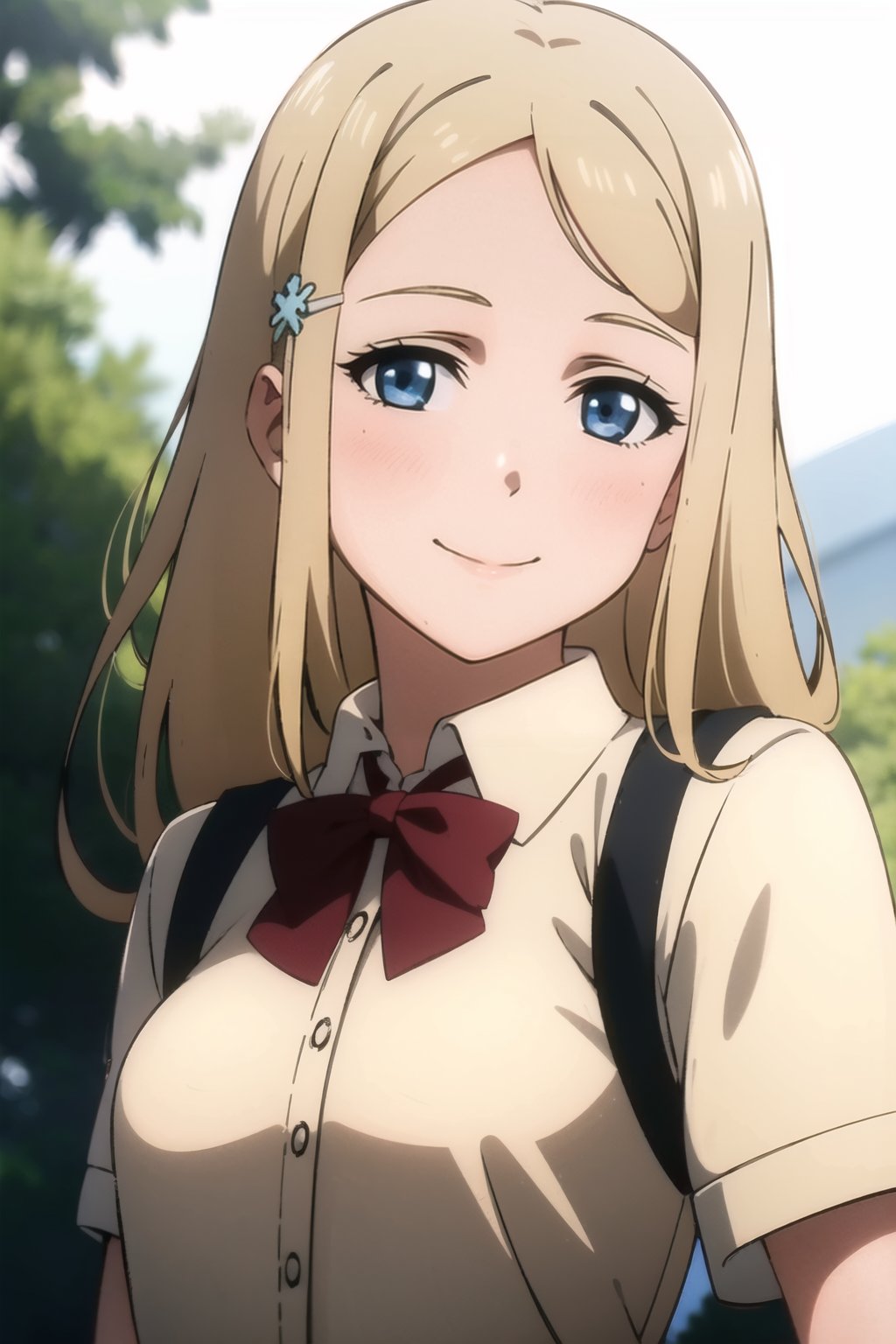 best quality,masterpiece,extremely detailed CG unity 8k wallpaper,official art, (Realistic:1.2),1girl,solo,blue eyes, hair ornament, blonde hair, long hair, small breasts,School uniforms,outdoors,smile,looking at the viewer, ayase arisa