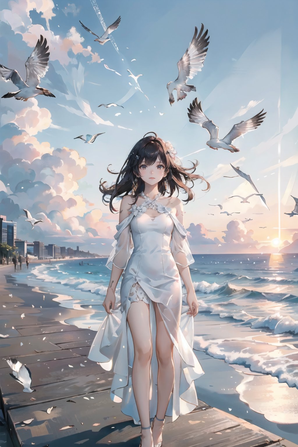 a beautiful tattooed girl stood on the beach wearing a white translucent dress facing the camera , with sunrise , seagulls and rosy clouds in the background