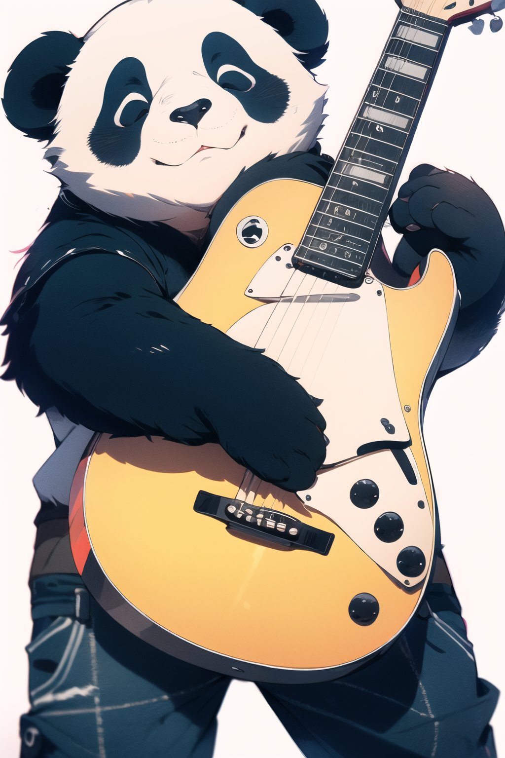 best quality,masterpiece,extremely detailed CG unity 8k wallpaper,official art, panda, panda_tm,solo,(Holding the guitar, playing the guitar),simple background,white background,looking at the viewer ,MG xiongmao