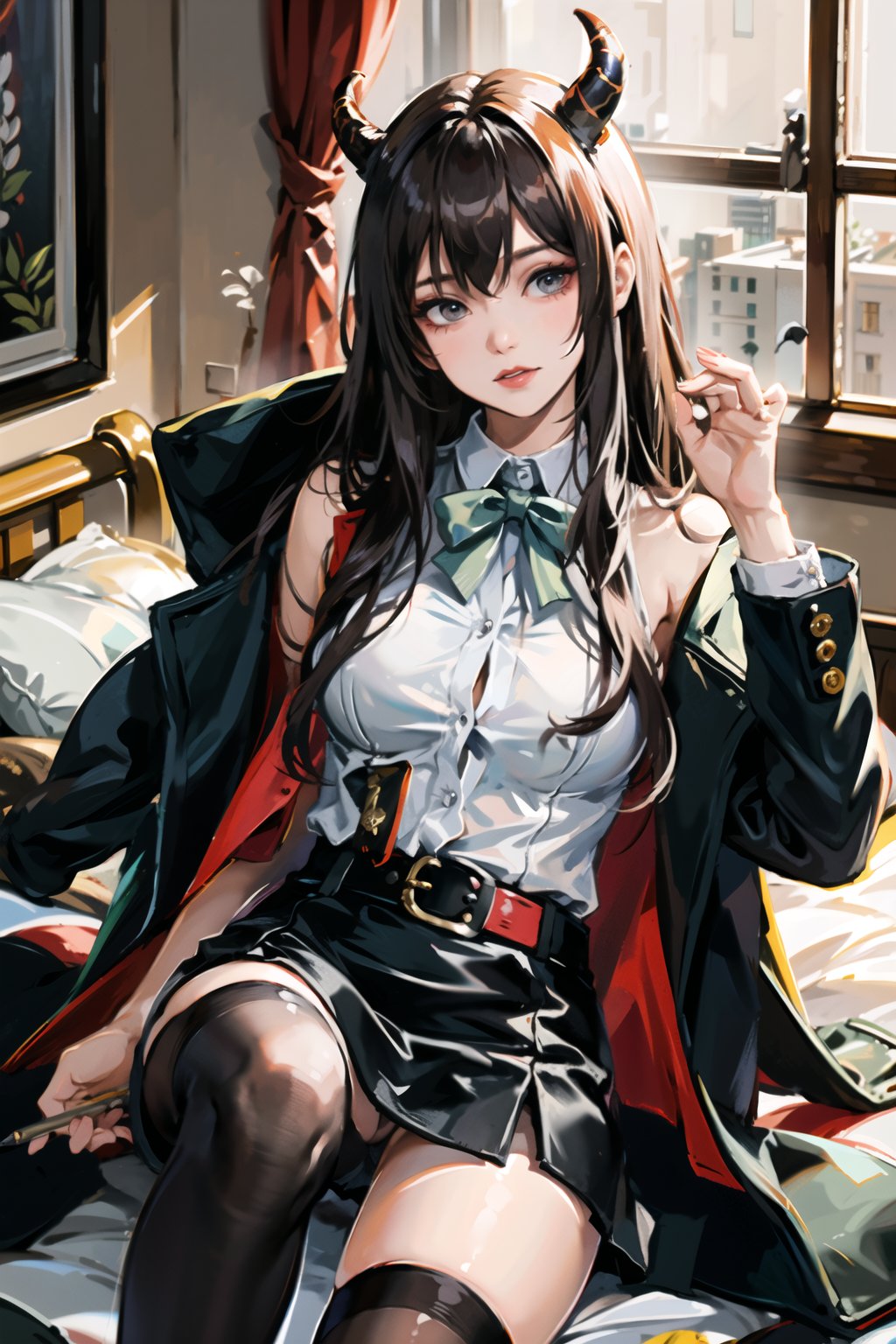 masterpiece,best quality,
tutugp
1girl, long hair, solo, lying,on bed, thighhighs, skirt, looking at viewer,  sleeveless, black skirt, window,  shirt, coat, zettai ryouiki, very long hair, black thighhighs, bangs, parted bangs, pencil skirt, demon horns, knee up, sleeveless shirt, white shirt, indoors, night, forehead, hair spread out, belt, miniskirt, 