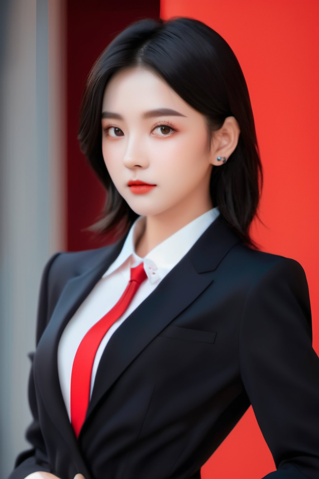 Best quality, high details, high resolution, HD, 16k,Close-up photo of shoulder-length short black hair girl in suit uniform, ultraclear, Flawless and delicate face, True delicate skin, big breasts beautiful, Delicate and clear eyes, Look at the screen, Simple, (simple Red background),arcane style,JinxLol,fashigirl, 