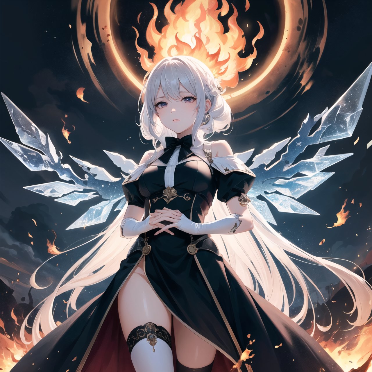 a girl,Phoenix girl,fluffy hair,war,a hell on earth,Beautiful and detailed explosion,Cold machine,Fire in eyes,World War,burning,Metal texture,Exquisite cloth,Metal carving,volume,best quality,normal hands,Metal details,Metal scratch,Metal defects,{{masterpiece}},best quality,official art,4k,best quality,extremely detailed CG unity 8k,illustration,highres,masterpiece,contour deepening,Azur Lane,Girls' Front,Magical,Cloud Map Plan,contour deepening,long-focus,Depth of field,a cloudy sky,Black smoke,smoke of gunpowder, long-focus,Mature, resolute eyes, burning, burning sky, burning hair,Burn oneself in flames, fighting,Covered in blood,complex pattern,battleing,Flying flames,Flame whirlpool,Doomsday Scenes,float,Splashing blood,on the battlefield,Bloody scenes,Good looking flame,Exquisite Flame,Exquisite Blood,photorealistic,Watercolor,colourful, (((masterpiece))),best quality, illustration,beautiful detailed glow,detailed ice,beautiful detailed water,red moon, (magic circle:1,2), (beautiful detailed eyes),expressionless,beautiful detailed white gloves, own hands clasped, (floating palaces:1.1),azure hair,disheveled hair,long bangs, hairs between eyes, dark dress, (dark magician girl:1.1),black kneehighs, black ribbon,white bowties,midriff,{{{half closed eyes}}},,big forhead,blank stare,flower,large top sleeves,, (((masterpiece))),best quality, illustration,(beautiful detailed girl),beautiful detailed glow,detailed ice,beautiful detailed water,(beautiful detailed eyes),expressionless,beautiful detailed white gloves, (floating palaces:1.2),azure hair,disheveled hair,long bangs, hairs between eyes, (skyblue dress),black ribbon,white bowties,midriff,{{{half closed eyes}}},,big forhead,blank stare,flower,large top sleeves,(((ice crystal texture wings)),(((ice and fire melt)))