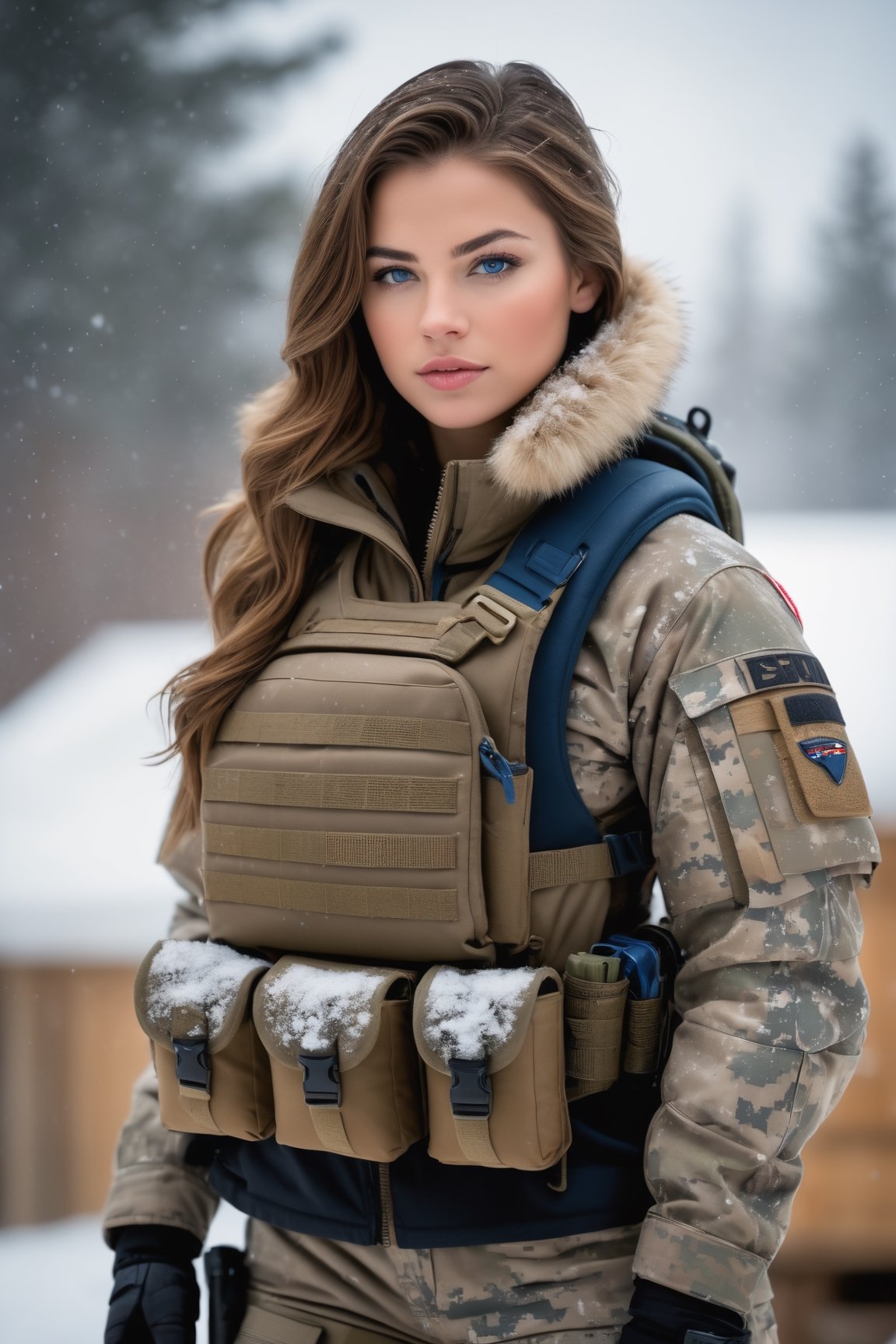 (photorealistic), beautiful lighting, best quality, realistic, full body portrait, real picture, intricate details, depth of field, 1girl, in a cold snowstorm, A very muscular solider girl with haircut, wearing winter camo military fatigues, camo plate carrier rig, combat gloves, (magazin pouches), (kneepads), highly-detailed, perfect face, blue eyes, lips, wide hips, small waist, tall, make up, tacticool, Fujifilm XT3, outdoors, bright day, Beautiful lighting, RAW photo, 8k uhd, film grain, ((bokeh))