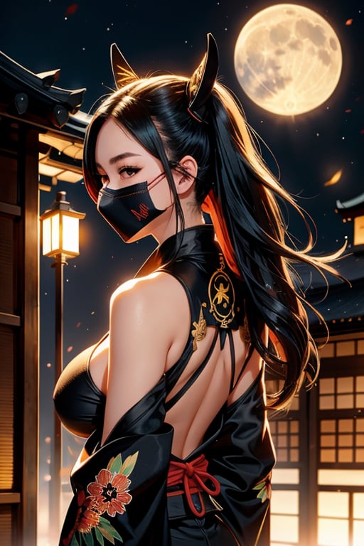  stunning ninja girl, black mask , back air,   black full kimono, japanese rooftop background ,  moon lightning, big boob's 