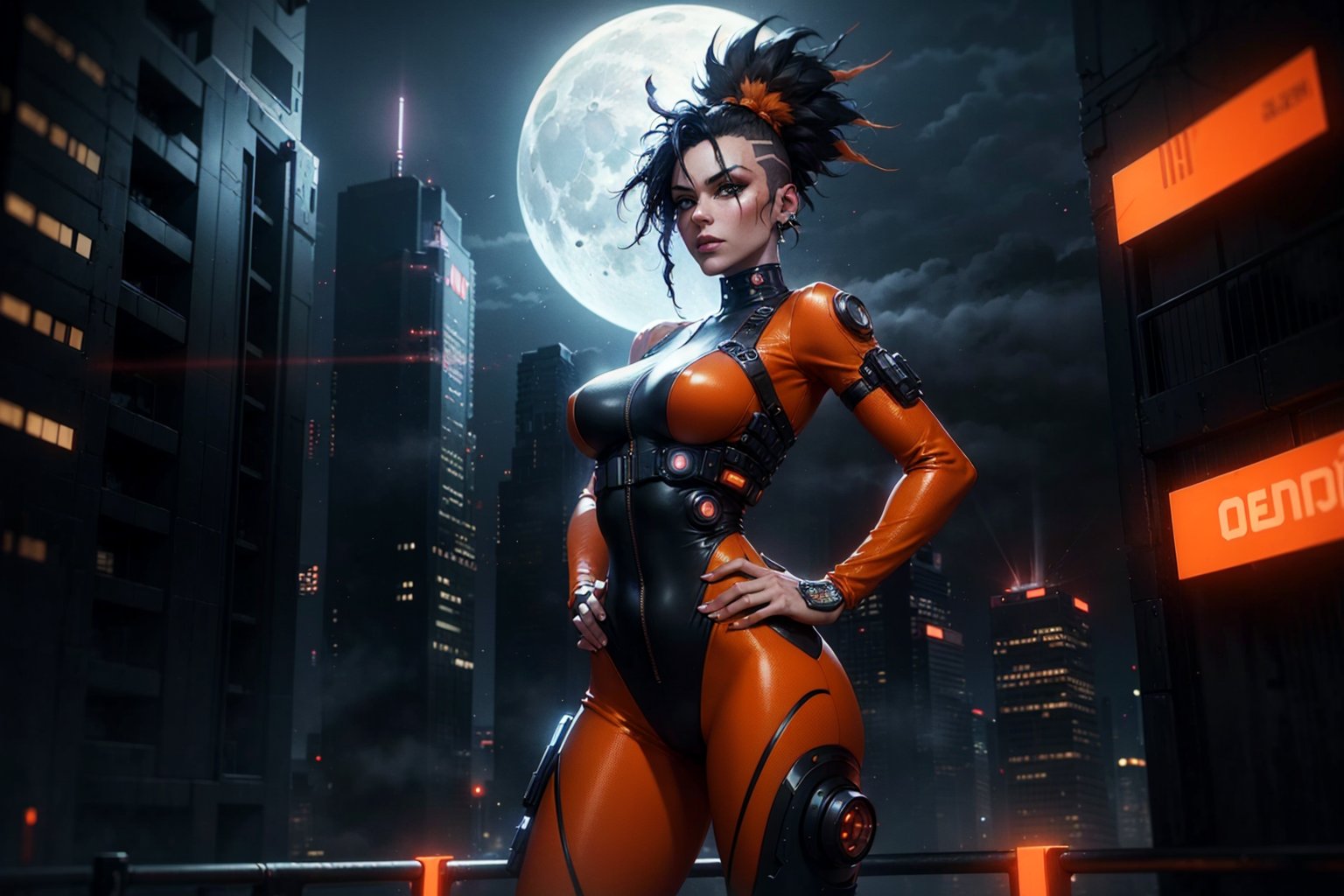 cowboy shot of lady in orange bodysuit,  mohawk black hairstyles , hands on hips, cyberpunk city, helicopter in sky, night, particles, fog, moon, cyberpunk 