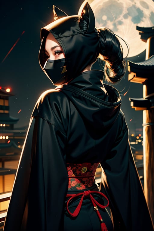  stunning ninja girl, black hood and mask , back air,   black full kimono, japanese rooftop background ,  moon lightning, fully_clothed 